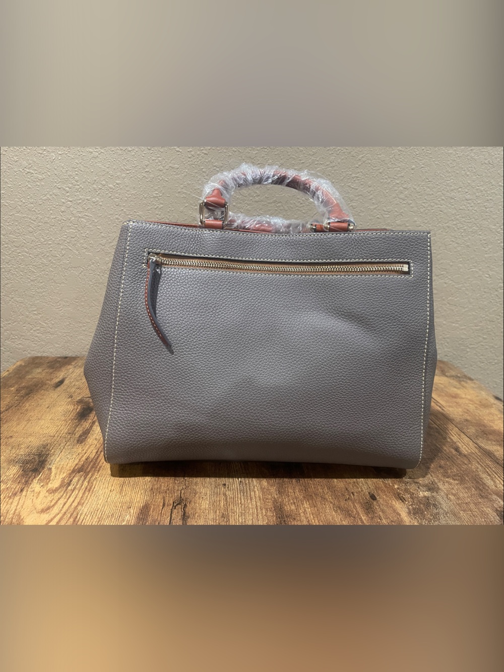 NWT Dooney & Bourke Gray Pebble Leather Briefcase Tote with Brown Trim - Picture 3 of 10